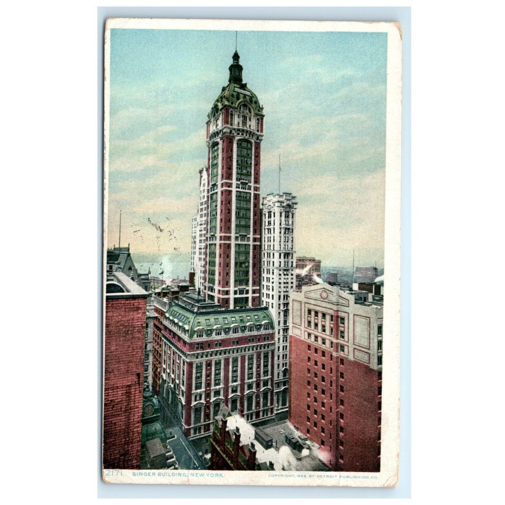 Vintage Postcard New York City Singer Building Skyline Architecture Posted‎ 1909